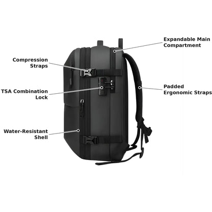 Aura Vacuum Compression Backpack features: TSA lock, compression straps, expandable compartment